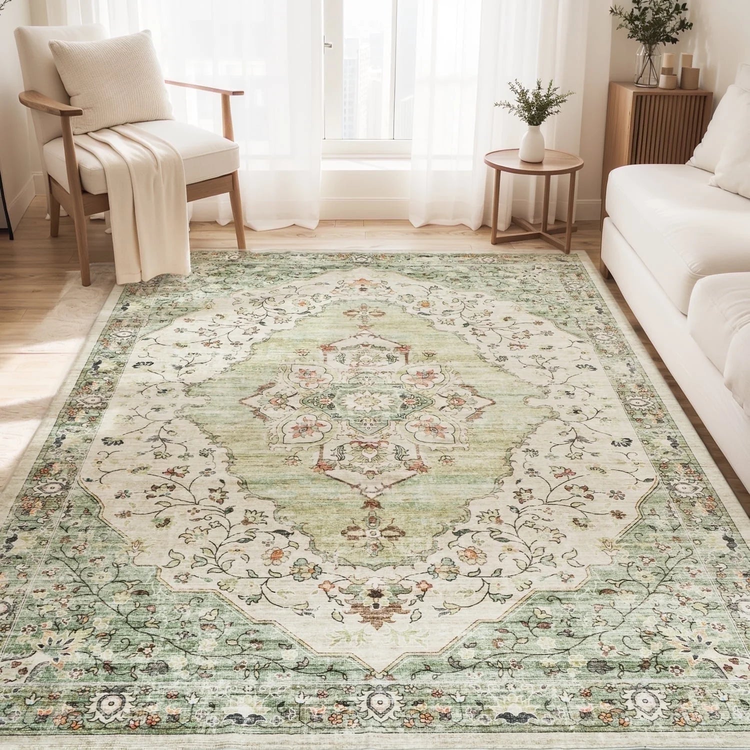 VUNATE 3'X5'Rugs for Living Room Washable Rugs Floral Vintage Area Rug Botanical Indoor Carpet Soft Rugs for Bedroom Office Entryway Kitchen Laundry Room Accent Rug Contemporary Home Decor Green