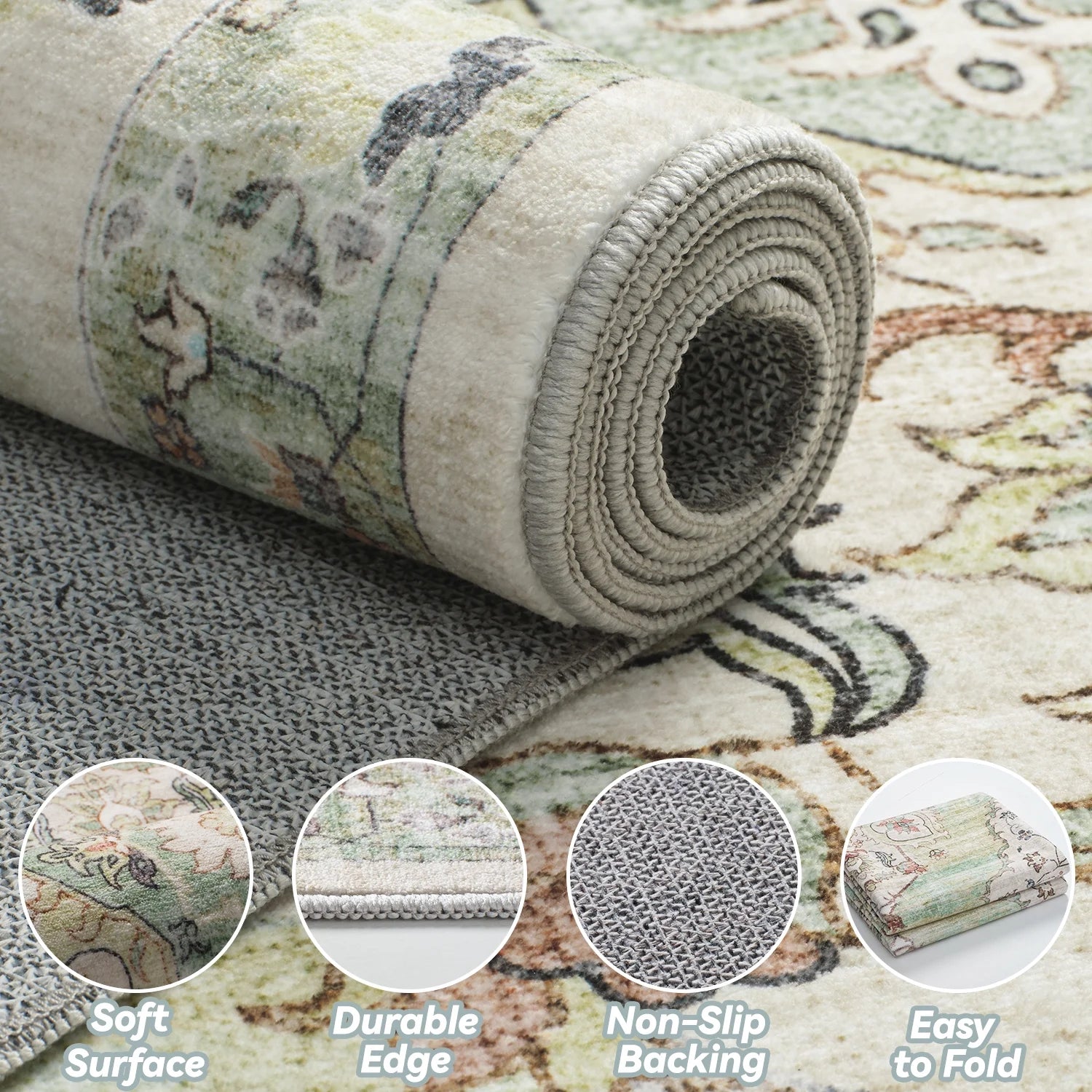 VUNATE 3'X5'Rugs for Living Room Washable Rugs Floral Vintage Area Rug Botanical Indoor Carpet Soft Rugs for Bedroom Office Entryway Kitchen Laundry Room Accent Rug Contemporary Home Decor Green