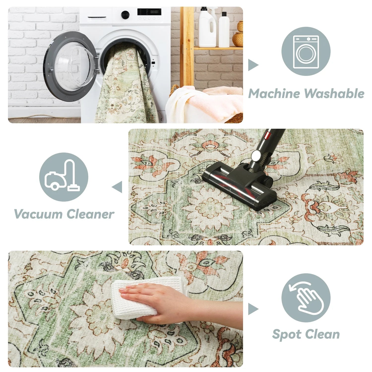 VUNATE 3'X5'Rugs for Living Room Washable Rugs Floral Vintage Area Rug Botanical Indoor Carpet Soft Rugs for Bedroom Office Entryway Kitchen Laundry Room Accent Rug Contemporary Home Decor Green