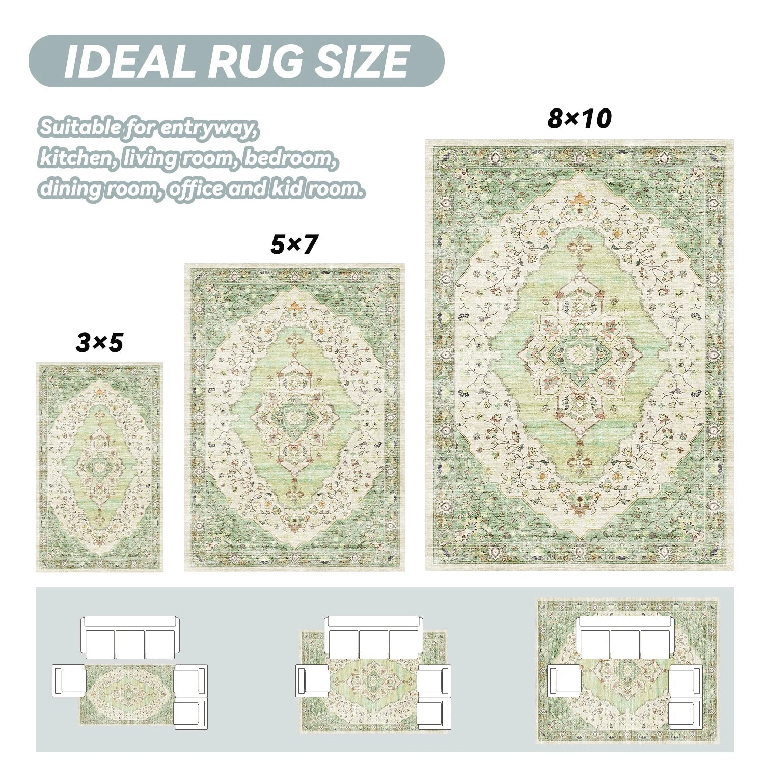 VUNATE 3'X5'Rugs for Living Room Washable Rugs Floral Vintage Area Rug Botanical Indoor Carpet Soft Rugs for Bedroom Office Entryway Kitchen Laundry Room Accent Rug Contemporary Home Decor Green