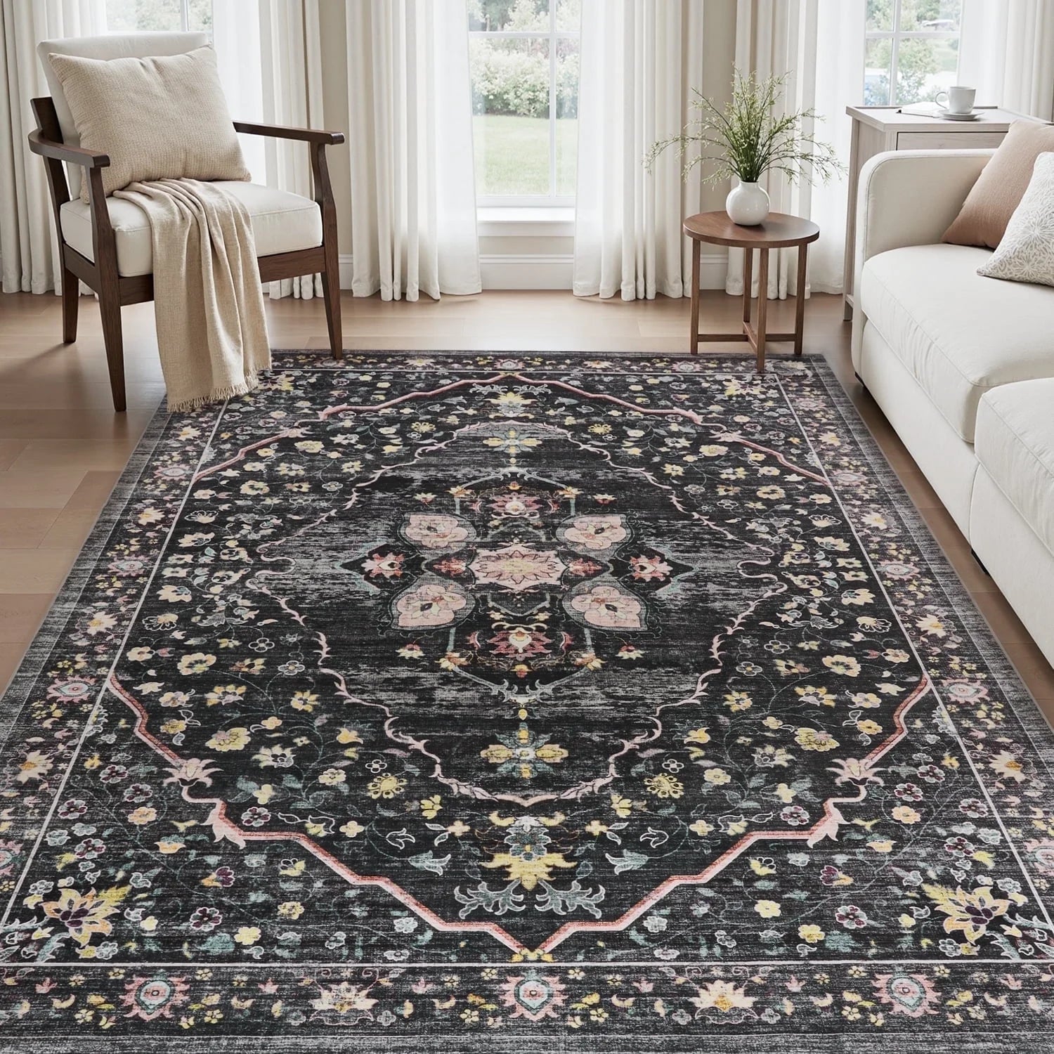 VUNATE 3'X5'Rugs for Living Room Washable Rugs Floral Vintage Area Rug Botanical Indoor Carpet Soft Rugs for Bedroom Office Entryway Kitchen Laundry Room Accent Rug Contemporary Home Decor Green