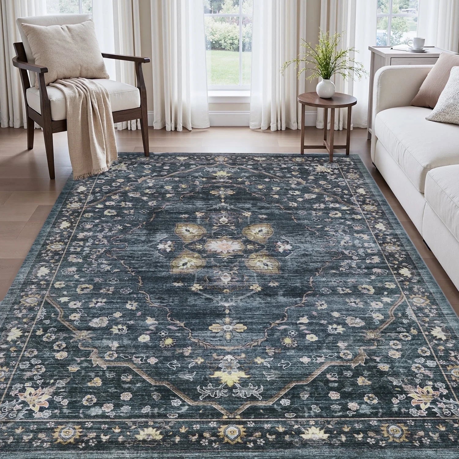 VUNATE 3'X5'Rugs for Living Room Washable Rugs Floral Vintage Area Rug Botanical Indoor Carpet Soft Rugs for Bedroom Office Entryway Kitchen Laundry Room Accent Rug Contemporary Home Decor Green