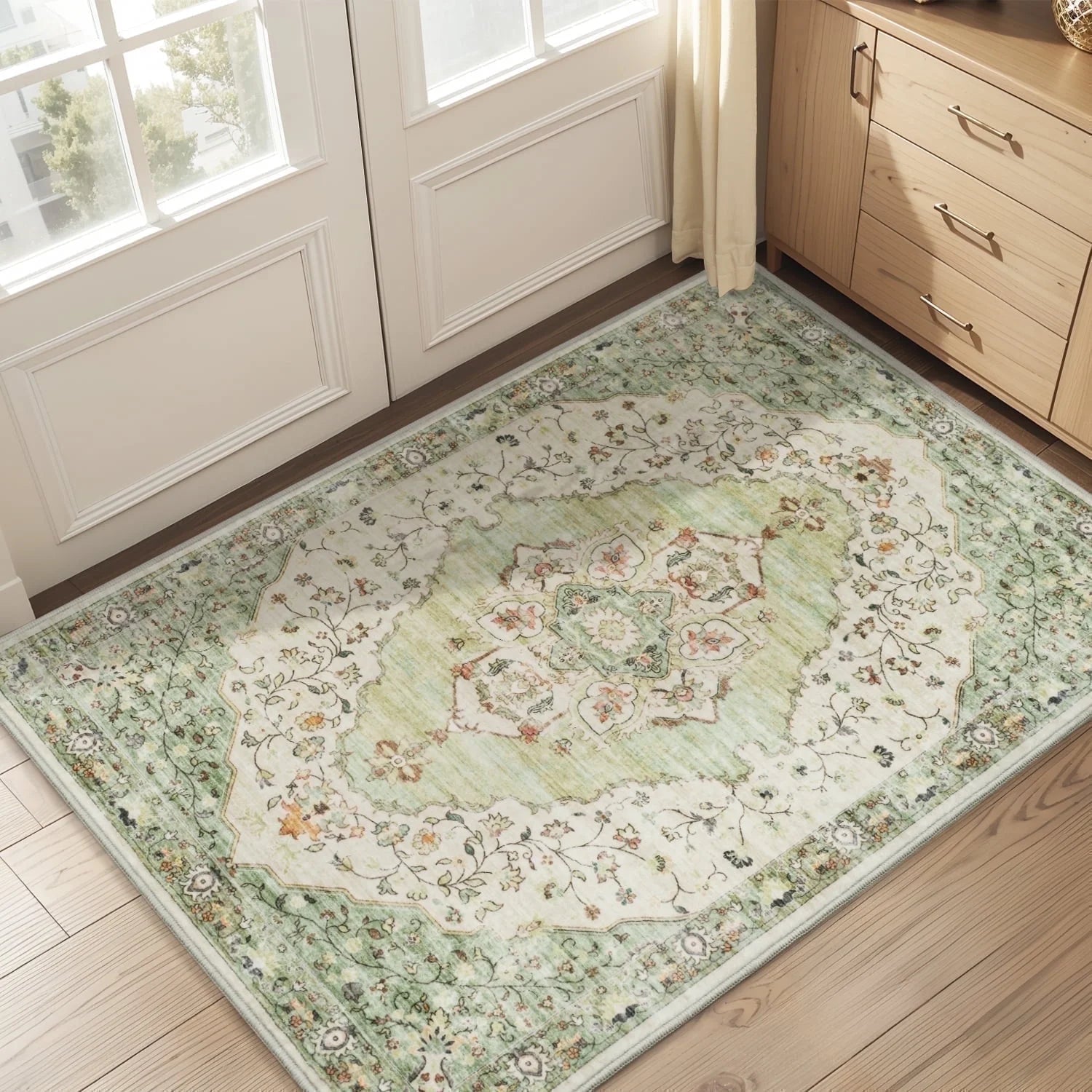 VUNATE 3'X5'Rugs for Living Room Washable Rugs Floral Vintage Area Rug Botanical Indoor Carpet Soft Rugs for Bedroom Office Entryway Kitchen Laundry Room Accent Rug Contemporary Home Decor Green